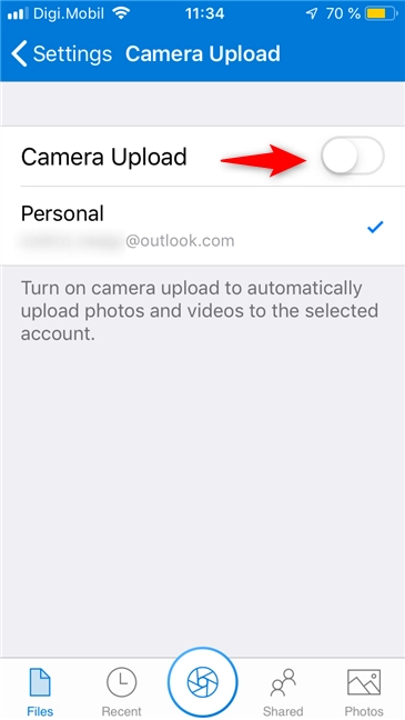 The Camera Upload switch from OneDrive for iPhone