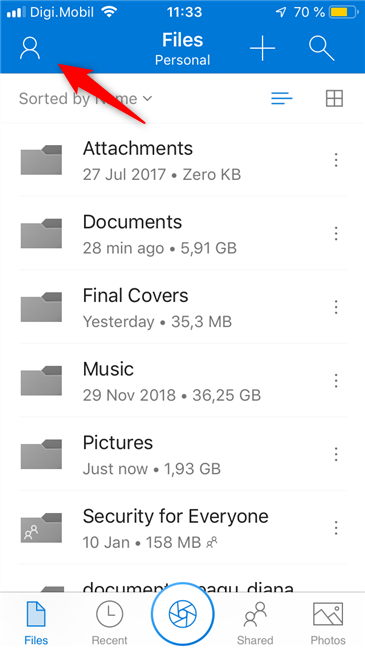 The Me button from the OneDrive app on iOS