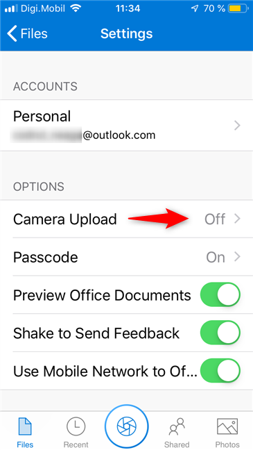 The Camera Upload entry in OneDrive for iOS