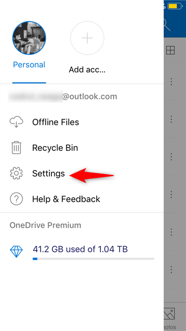 The Settings from the OneDrive app for iOS
