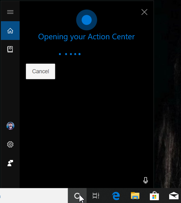 Open the Action Center in Windows 10 using Cortana