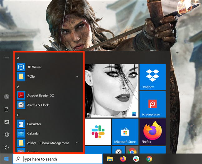 Your Start Menu displays an alphabetical list of your apps