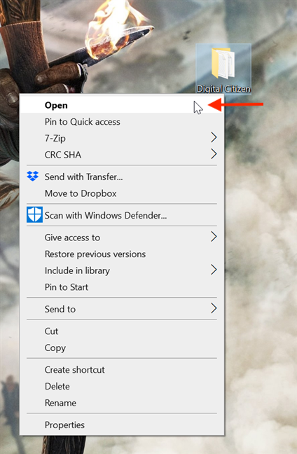 Open a folder from the right-click menu