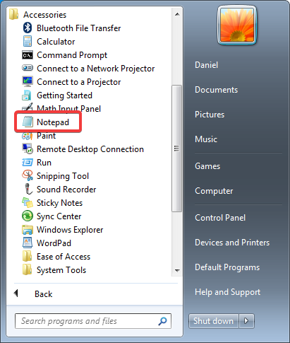 Notepad in the Start Menu from Windows 7