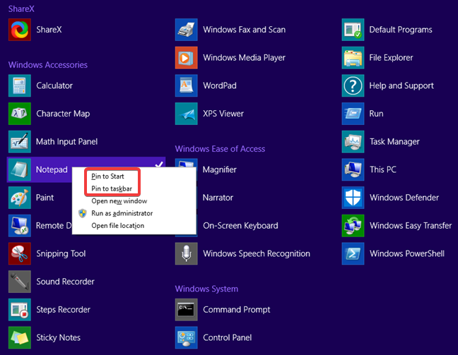 Pin to Start and Pin to Taskbar for Notepad in Windows 8.1