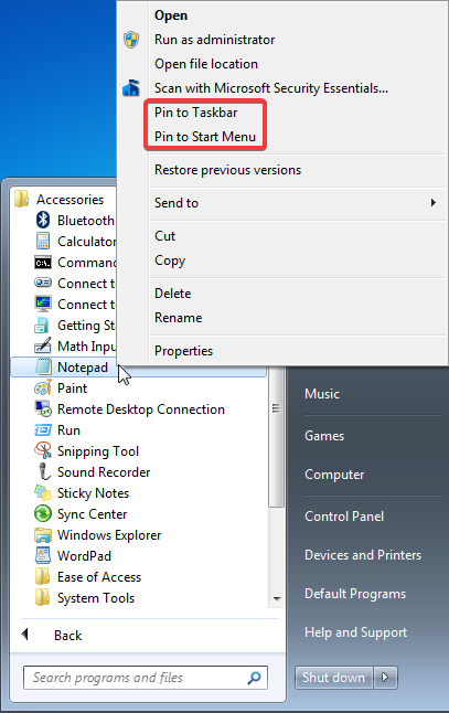 Pin to Taskbar and Pin to Start Menu for Notepad in Windows 7