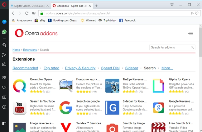 Search engines available as Opera add-ons