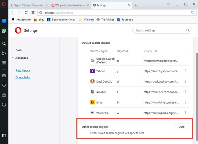 Other search engines for Opera