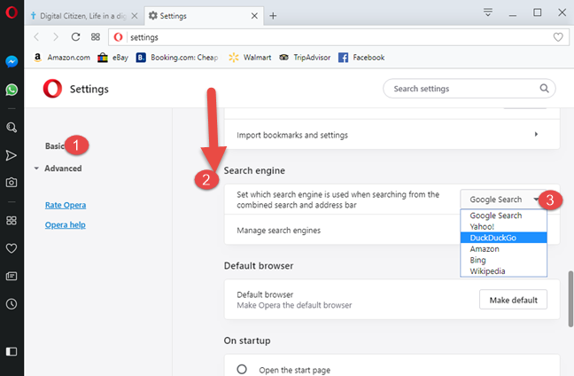 Search engine settings in Opera