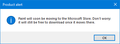 Product alert about Paint moving to the Microsoft Store