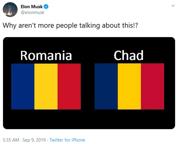Elon Musk tweet about the flags of Romania and Chad