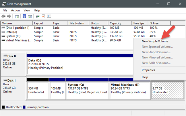 Windows, partition, create