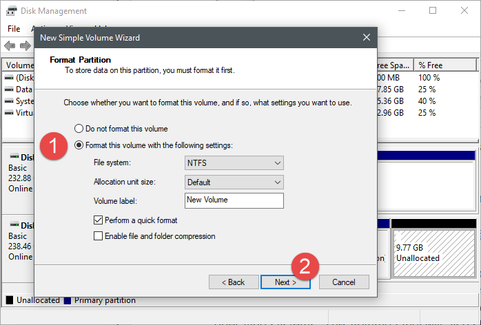 Windows, partition, create