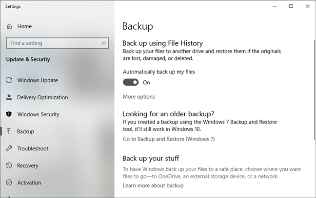 Backup options in Windows 10