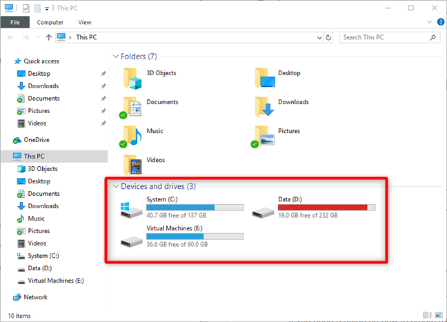 File Explorer in Windows 10, showing all the drives and partitions