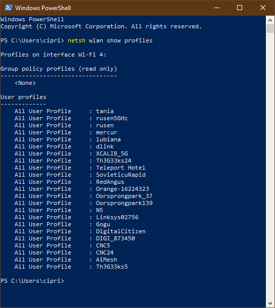 A list with the wireless networks stored by Windows 10, in PowerShell