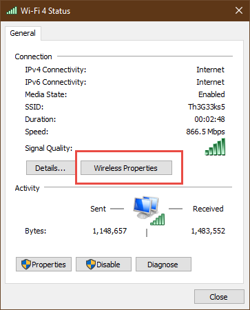 The Wi-Fi Status window from Windows 10