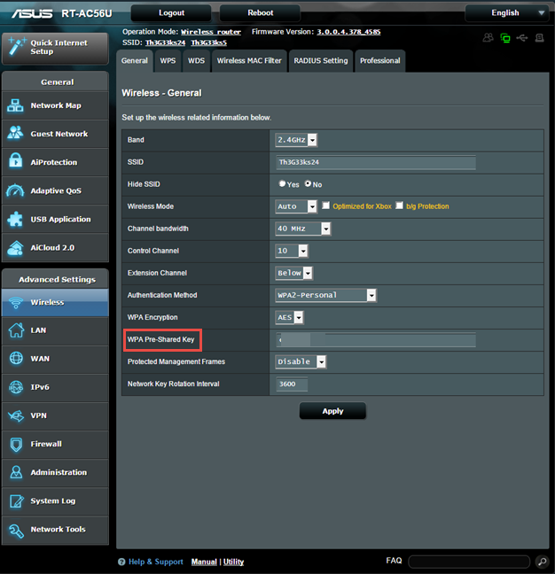 The WiFi details of an ASUS router