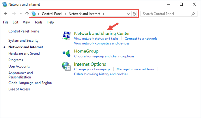 Accessing the Network and Sharing Center in Windows 10