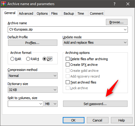 Choosing to set a password for the ZIP file, in WinRAR