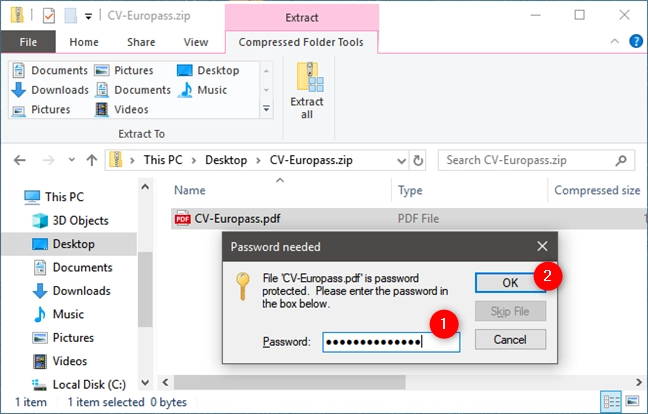 Entering the password of a ZIP password-protected file, in File Explorer