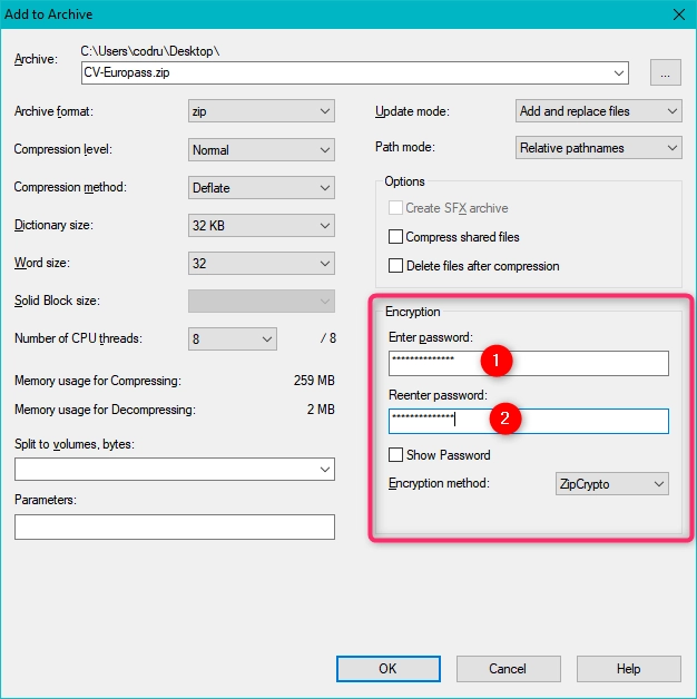 Typing the password for the ZIP file, in 7-Zip