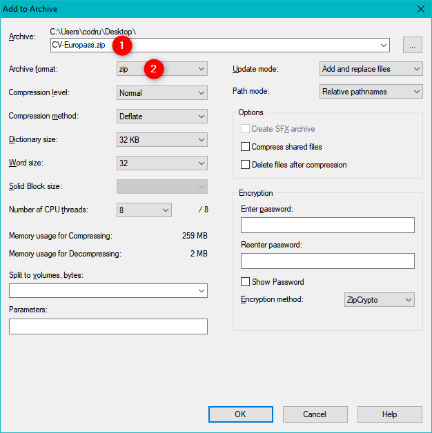 Choosing the file name and the file format in 7-Zip