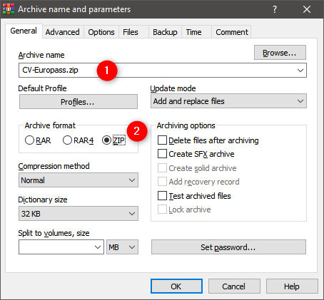 Entering the ZIP file name and selecting the format, in WinRAR