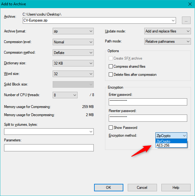 Choosing the encryption method in 7-Zip