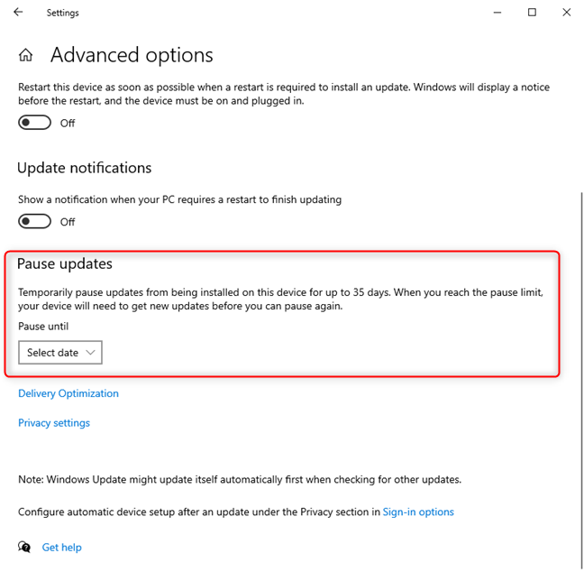 The Pause updates section for Windows Update