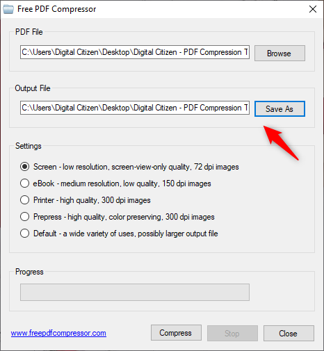 Choosing the location and name of the smaller PDF