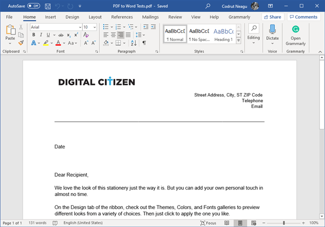 A PDF file that has been converted into an editable Word document