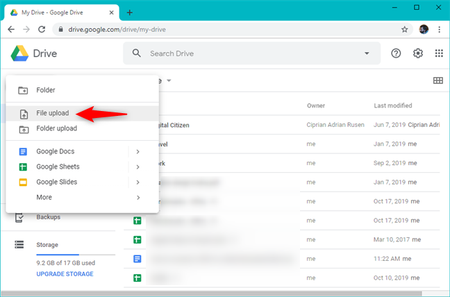 The File upload option from Google Drive's New menu