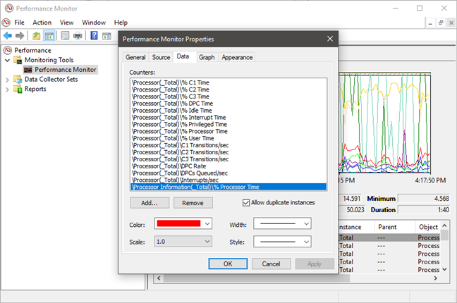 The Performance Monitor Properties window