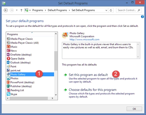 Windows Photo Gallery, set, default, image, pictures, viewer, files, types