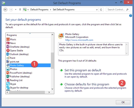 Windows Photo Gallery, set, default, image, pictures, viewer, files, types