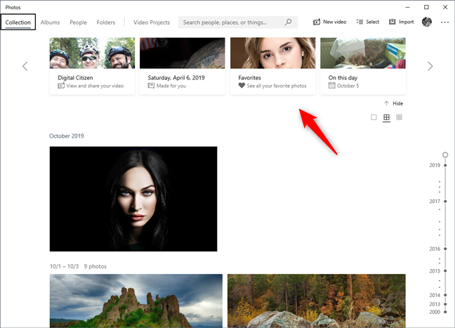 Some of the photo albums and your favorite photos are shown at the top of the Collection page