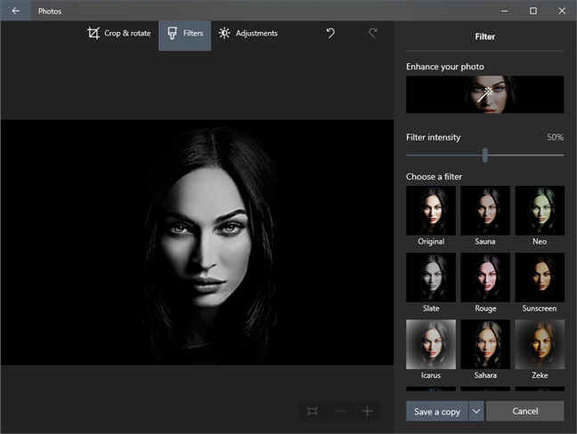 The Photos built-in editor has basic tools, filters, and adjustments available