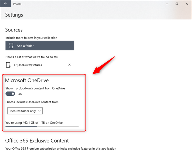 The Microsoft OneDrive settings available in the Settings app
