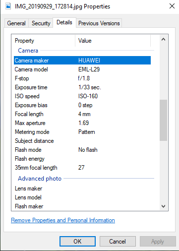 The metadata in the Camera section