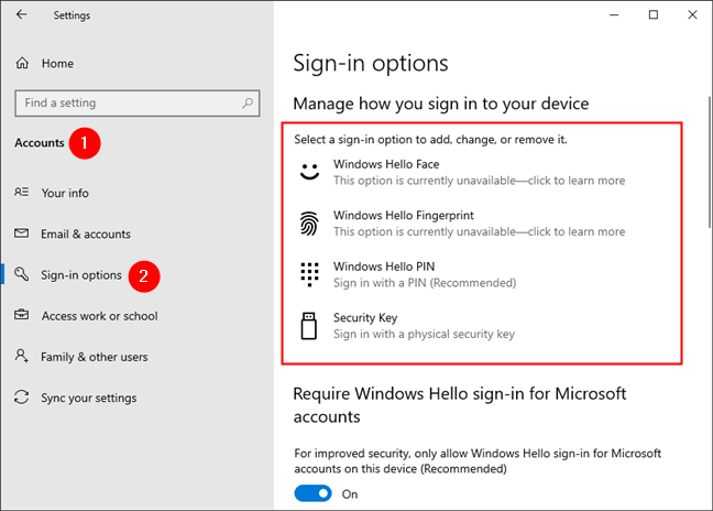 The Sign-in options from Windows 10 Settings