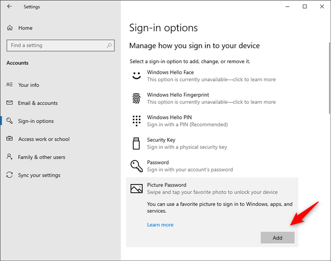 Choosing to Add a Windows 10 picture password