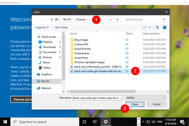 Browsing and selecting the image to use for the Windows 10 picture password