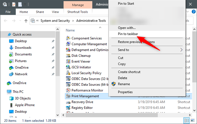 Pinning an Administrative Tools shortcut to the taskbar