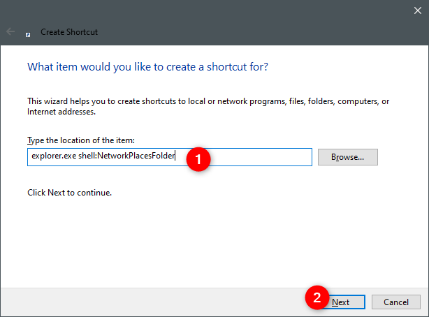 Creating a shortcut to the Network location from File Explorer