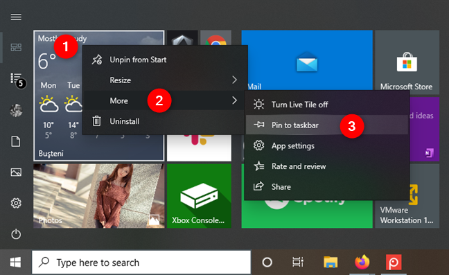 Pin a Start Menu app to the taskbar, using the app's tile