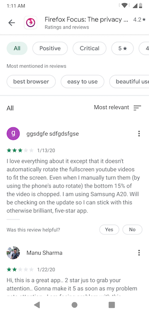 The Ratings and reviews page
