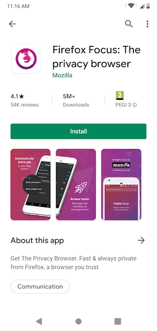 The Play Store page for Firefox Focus