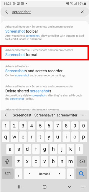 Access Screenshot format or any similar entry on your Android device