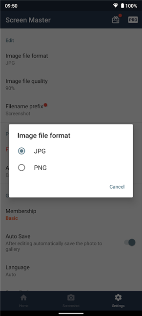 Tap on PNG or JPG to set the screenshot format